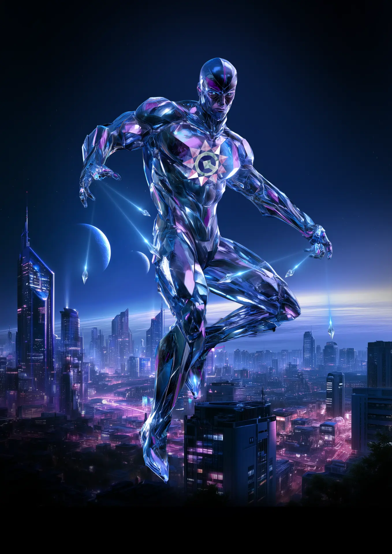 Crystalman above a neon Earth city at night
